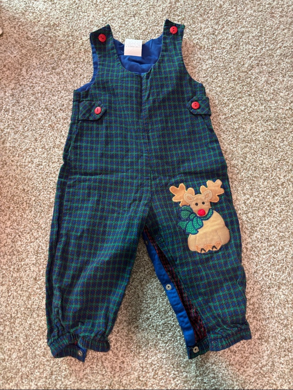Vintage green plaid overalls with reindeer